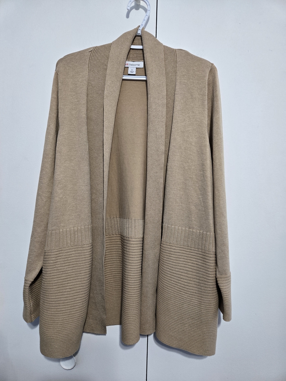 Liz Claiborne‎ XL Open Front Cardigan Tan Ribbed Knit Lightweight Drape Sweater